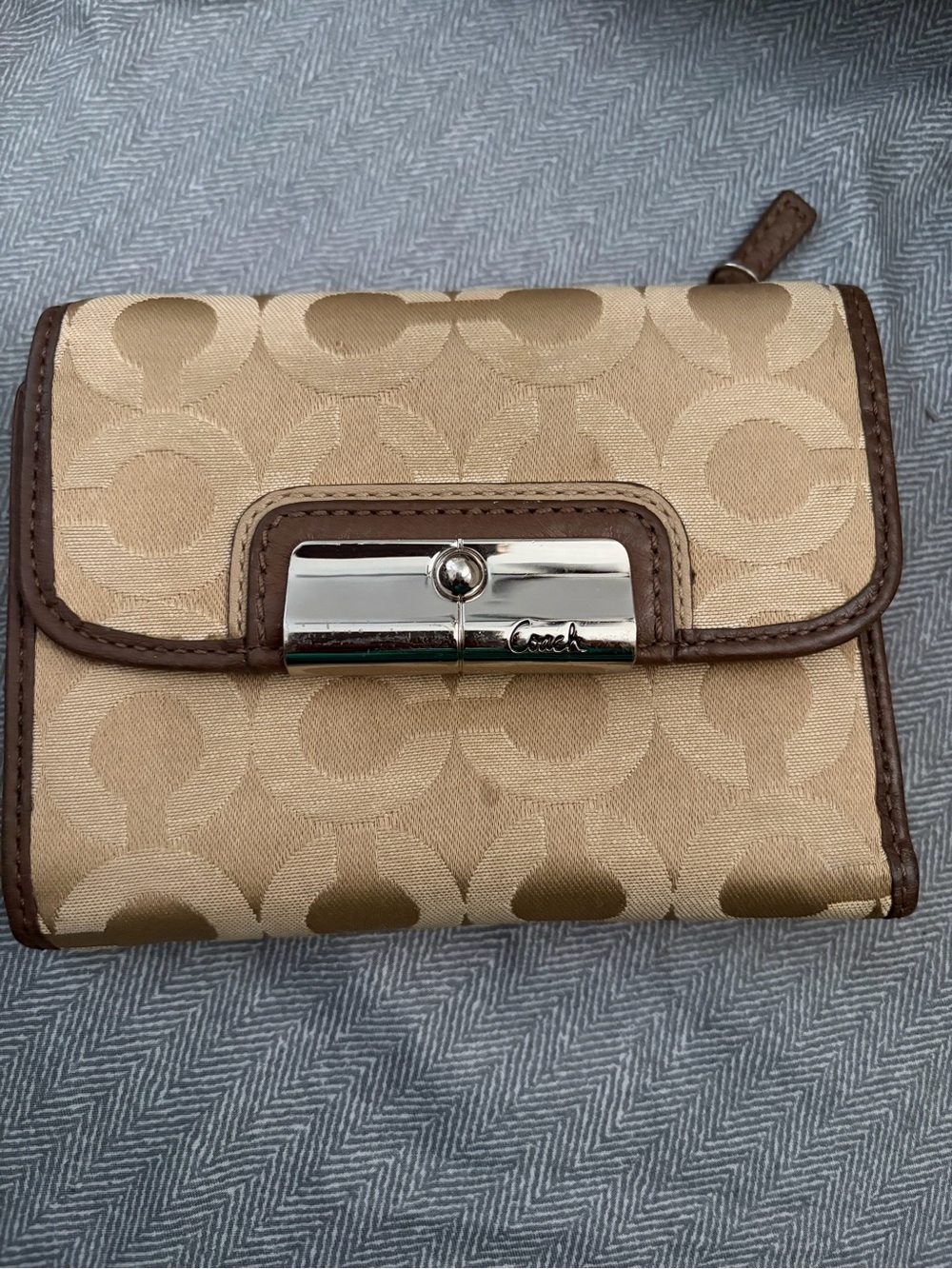 Coach Beige Signature Small Bifold Wallet with Brown and Trim Snap Closure